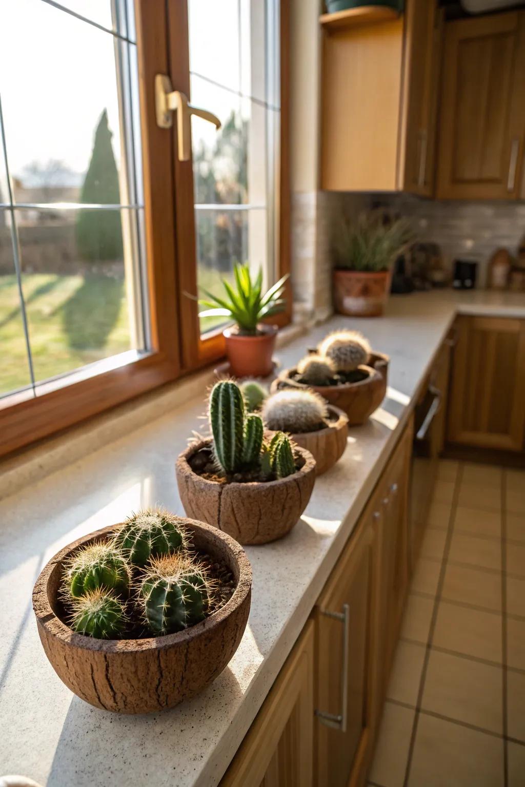 Excavated coco shells contribute a tropical element to your cactus decor.