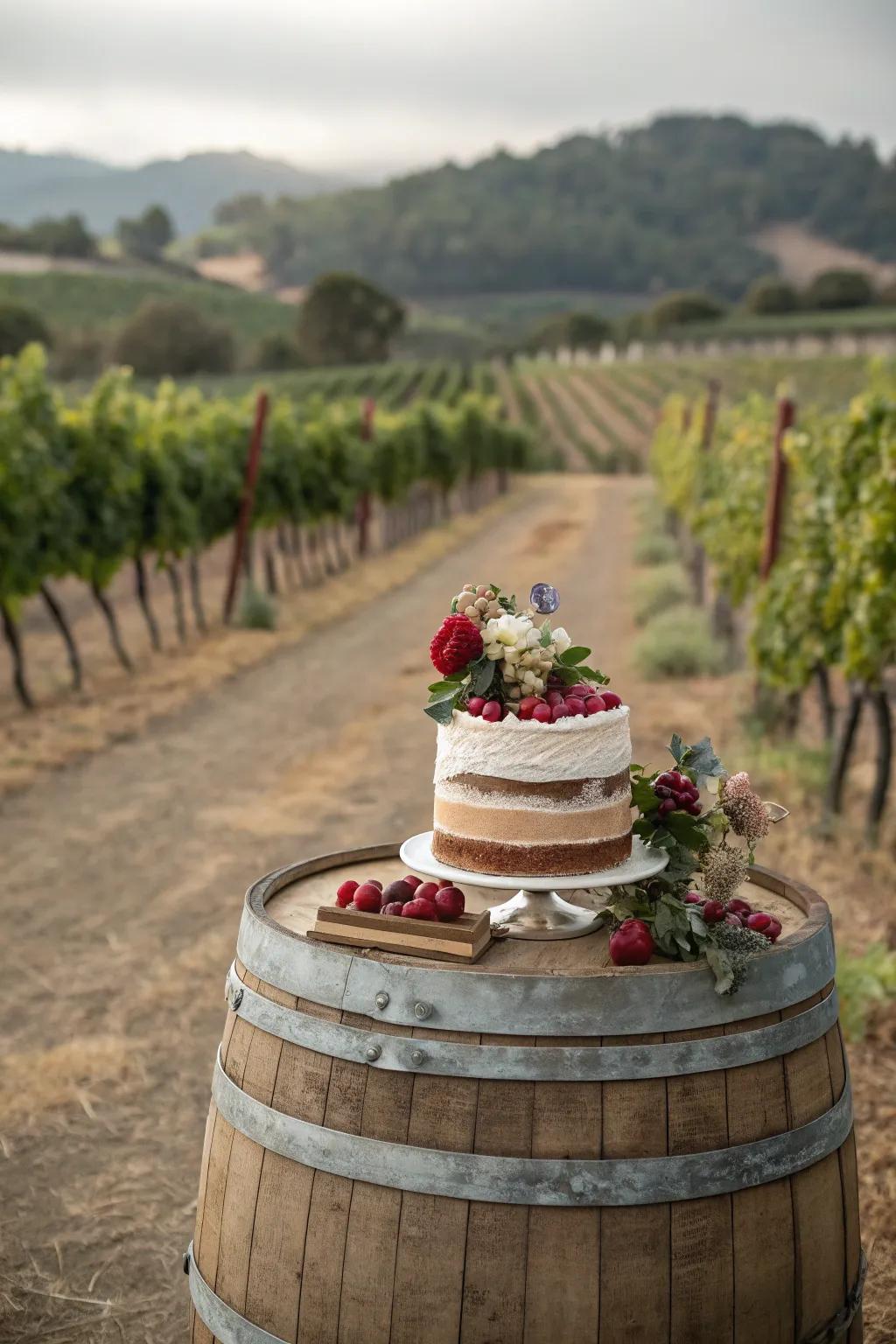 A cake displayed on a wine barrel, adding rustic charm to the presentation.