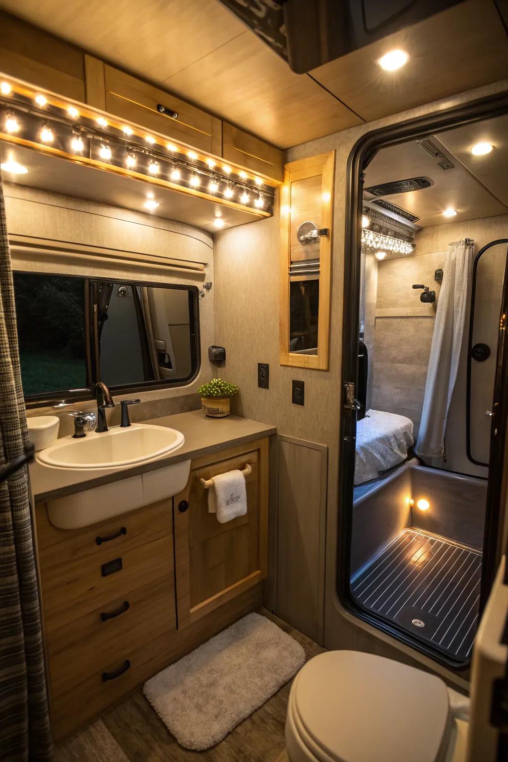 Flexible and dimmable lighting in a camper van bathroom.