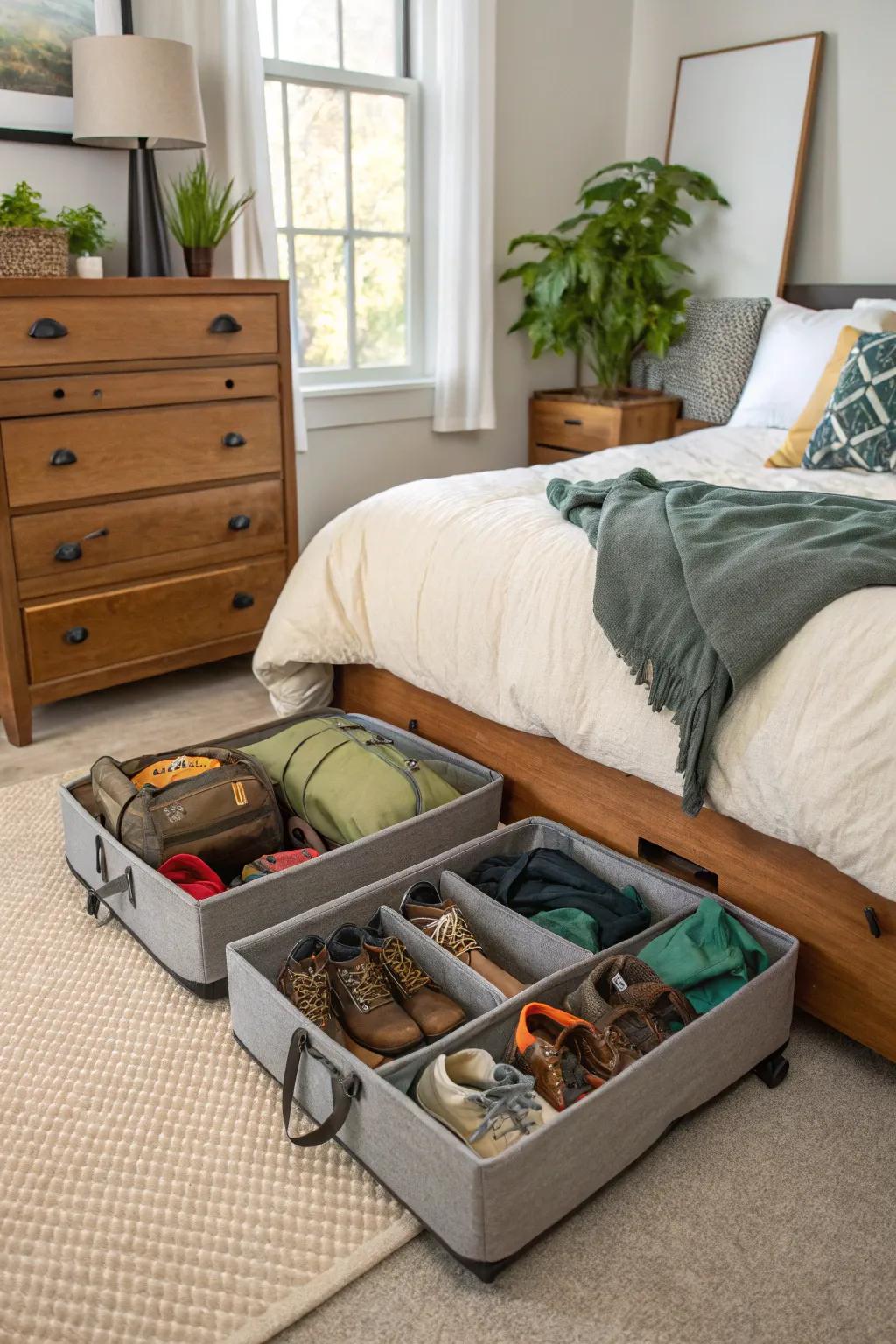 Under-bed storage provides a discreet solution for bulky camping gear.