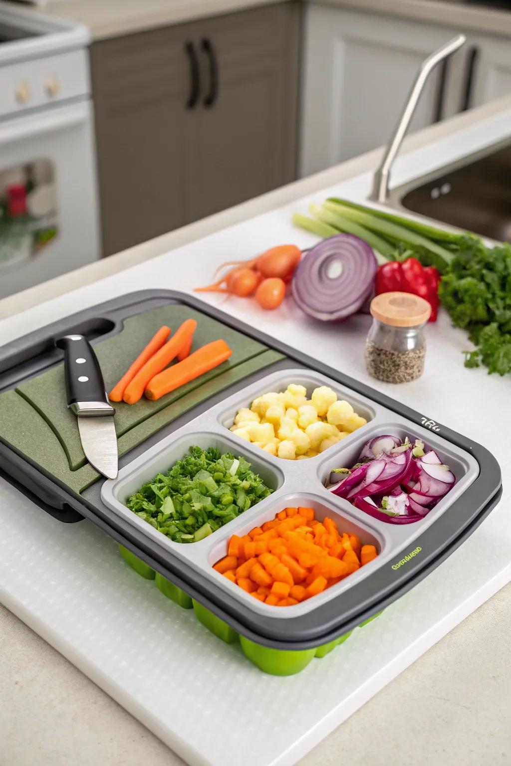 Make meal preparation easier by using a cutting board that doubles as storage.