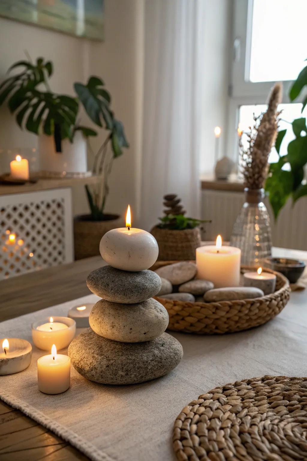 A tranquil and Zen-like centerpiece is achieved through positioning lights on rocks.