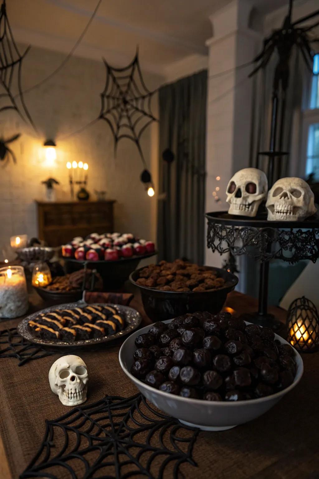 A spooky candy table for Halloween fun.