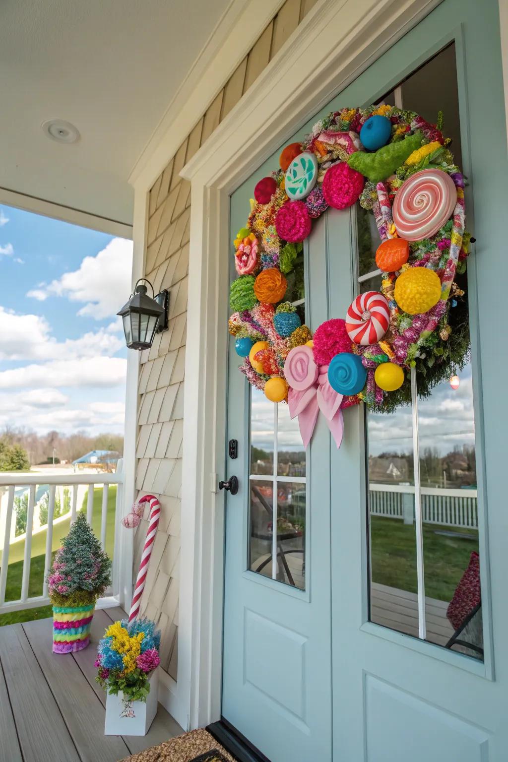 A candyland garland proffers a colorful and sugary reception.
