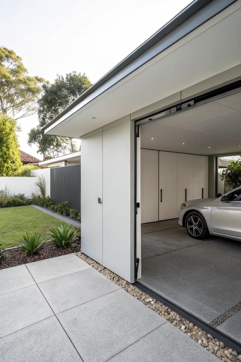 A carport with invisibile hardware doors, offering a clean and modern aesthetic.