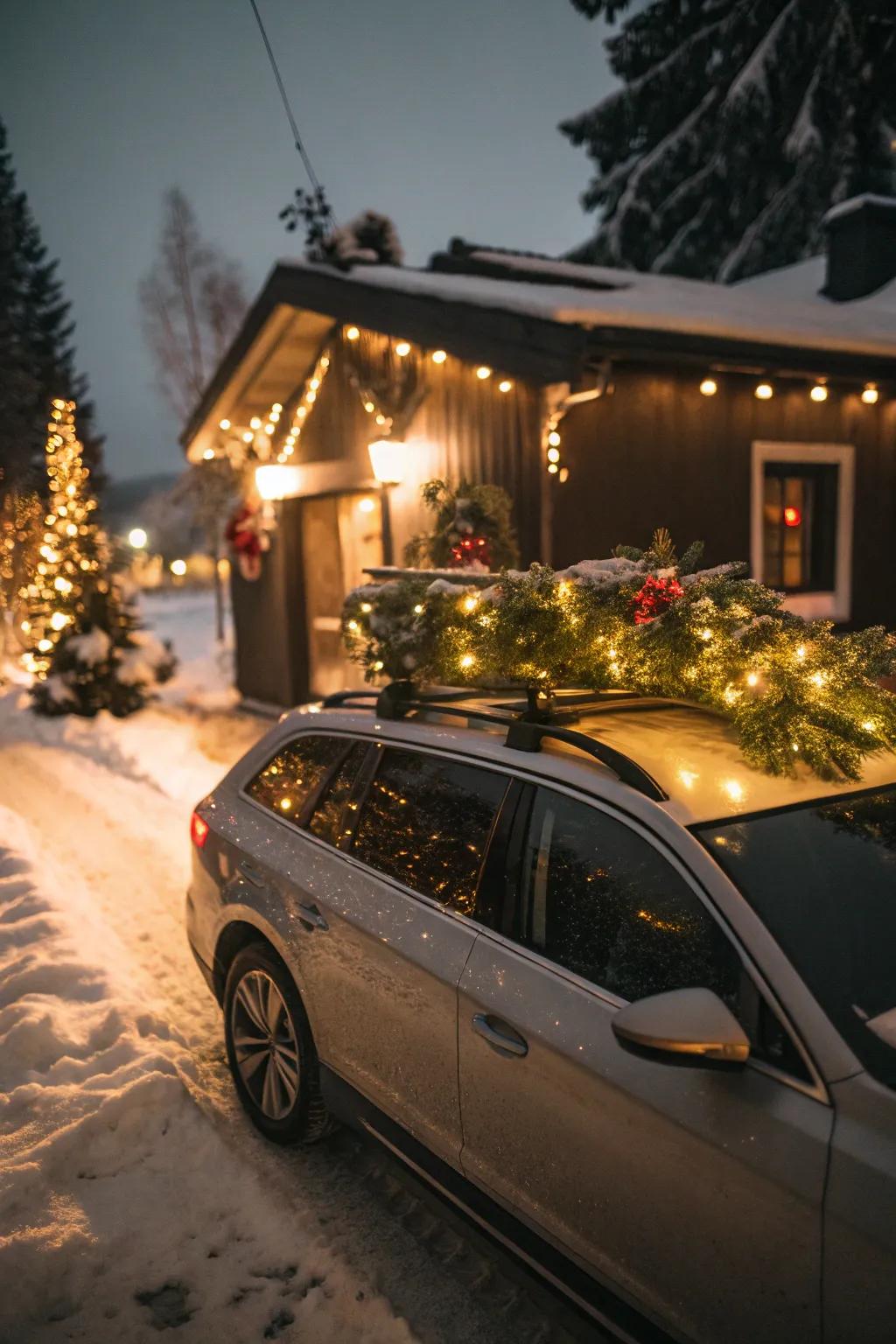 A roof rack that has been turned into a festive display, adding holiday cheer to the ride.