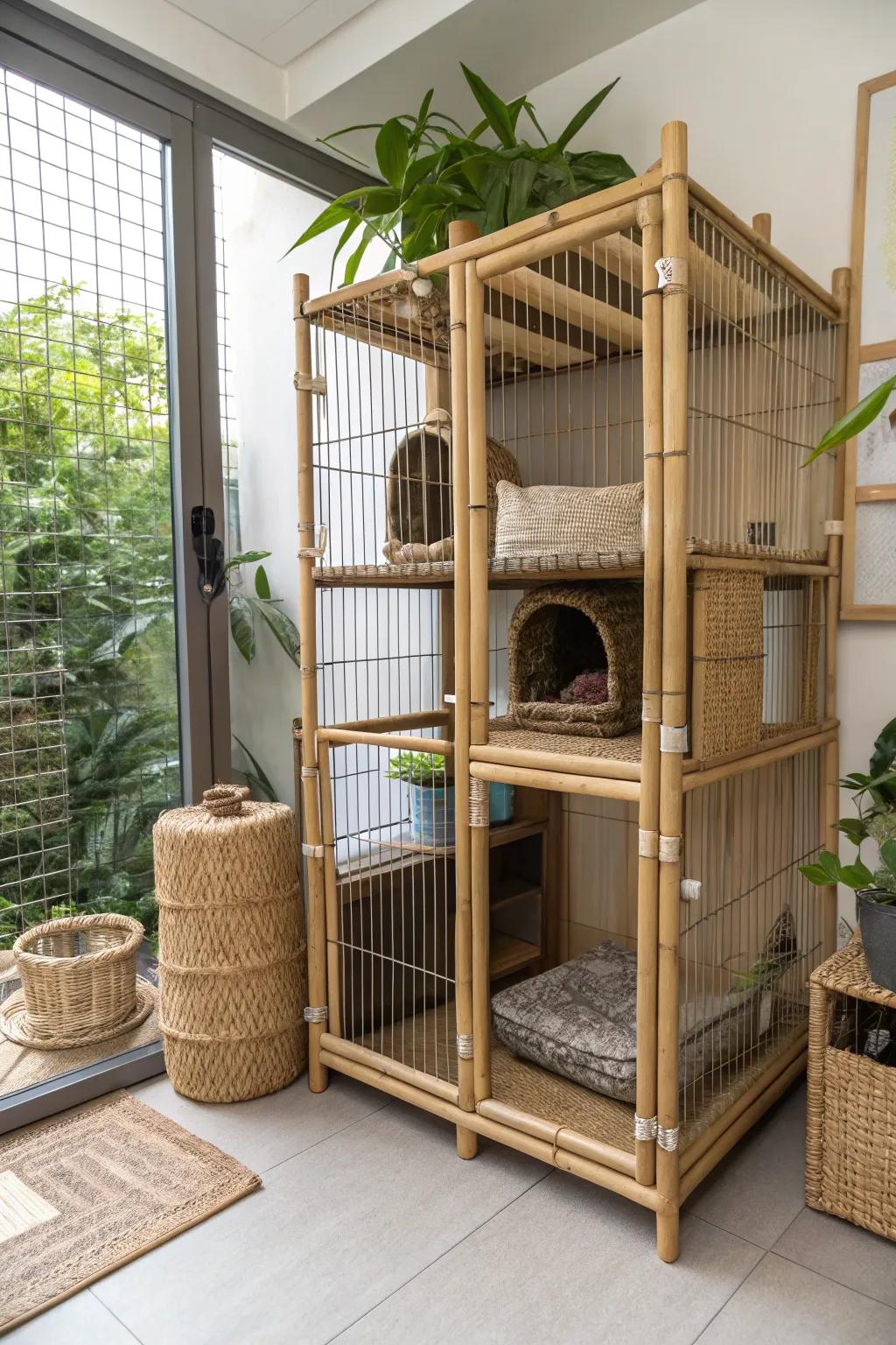 Eco-conscious materials enhance the pet enclosure with sustainability.