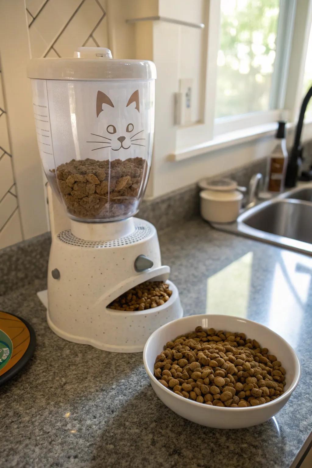 A cereal spout cleverly repurposed for feline feed.