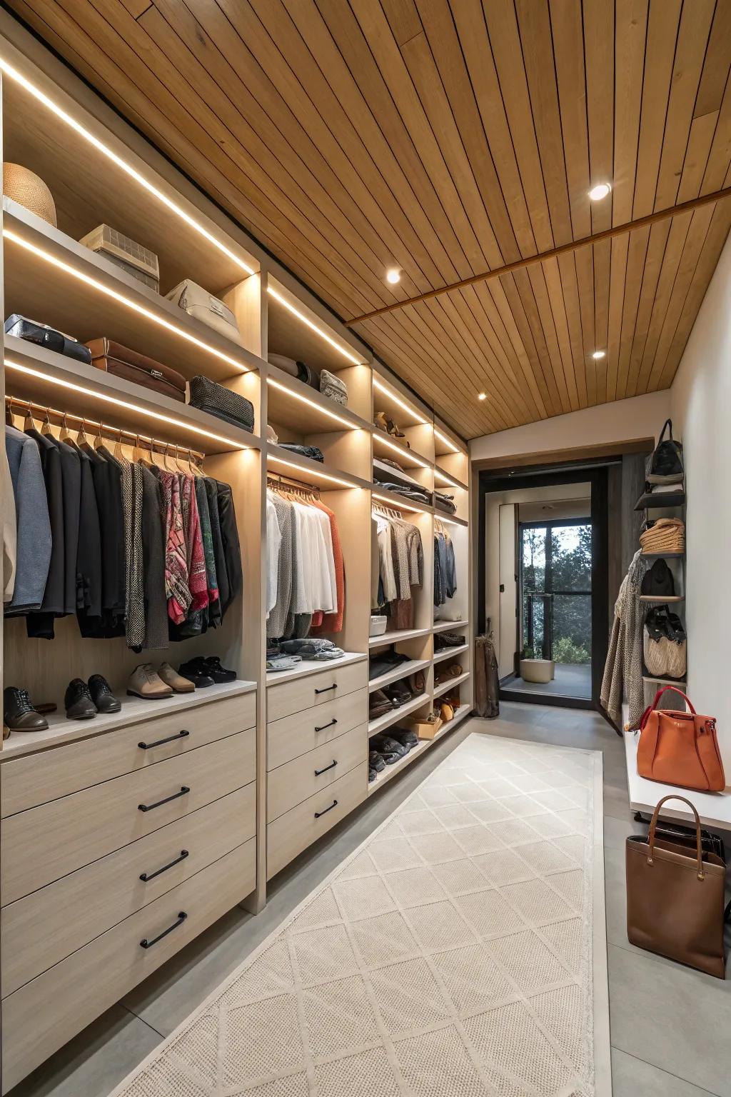 A walk-in closet with a timber ceiling, transforming it into a stylish haven.