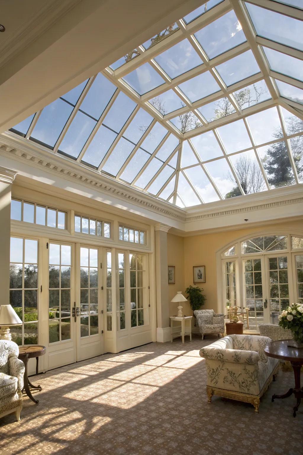 Glass ceiling panels create a spacious and open ambiance.