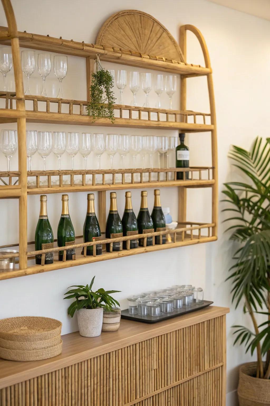 Eco-conscious bamboo shelves on a sparkling beverage display.