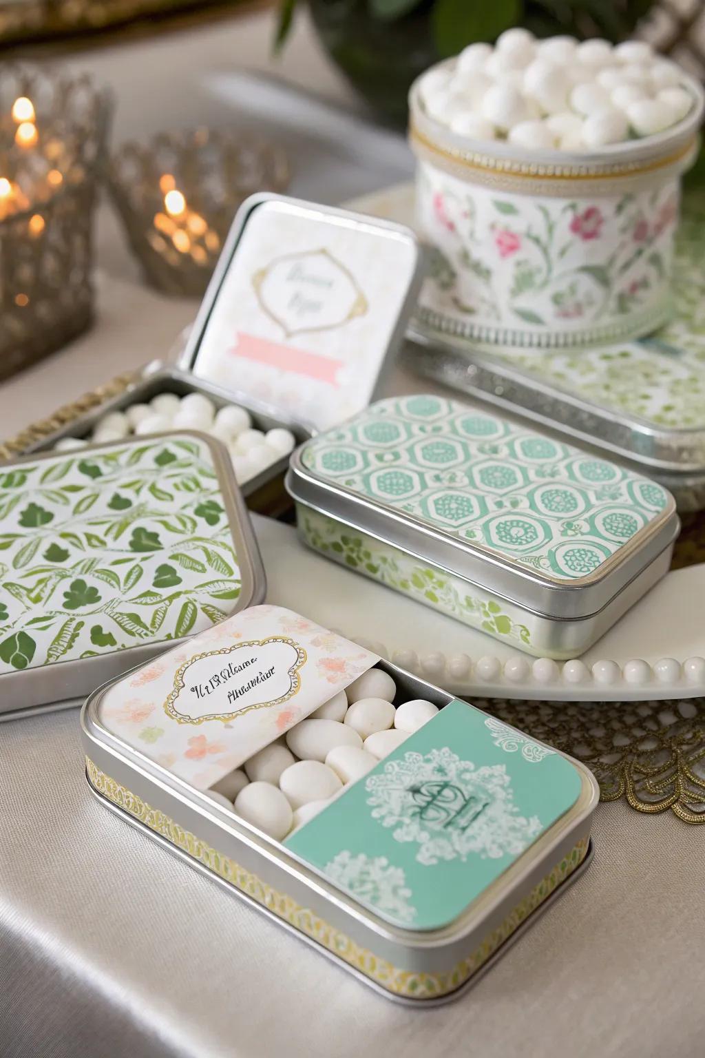 Personalized fresh drop tins offer a refreshing and memorable wedding favor.