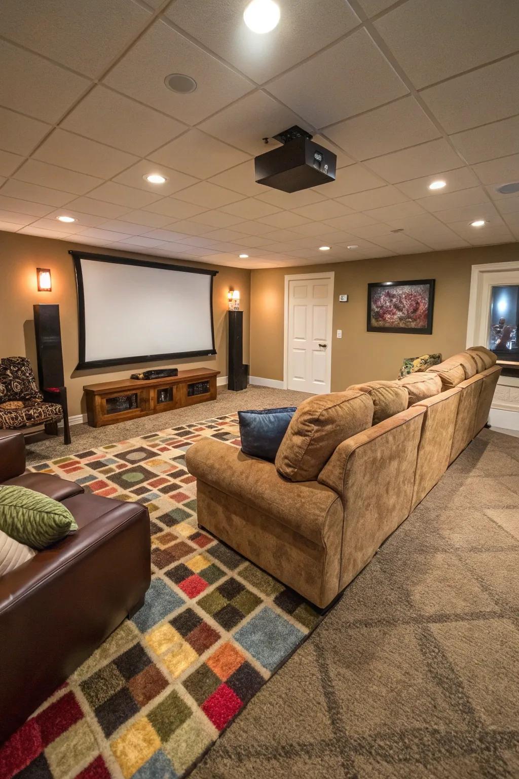 Peel-and-stick carpet squares supply a cozy and simple to install option for basement media rooms.