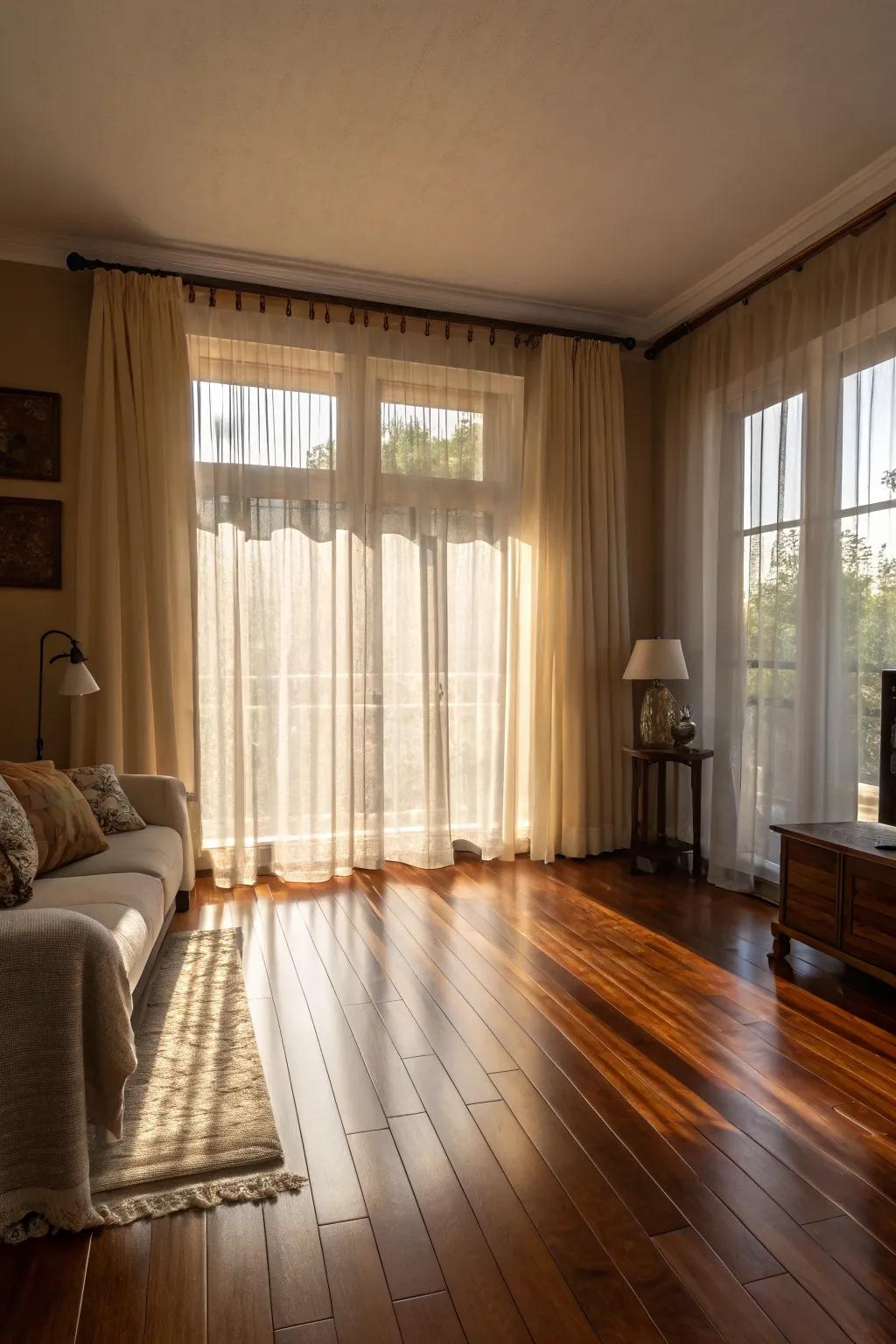 Diaphanous curtains preserve a light and breezy atmosphere.
