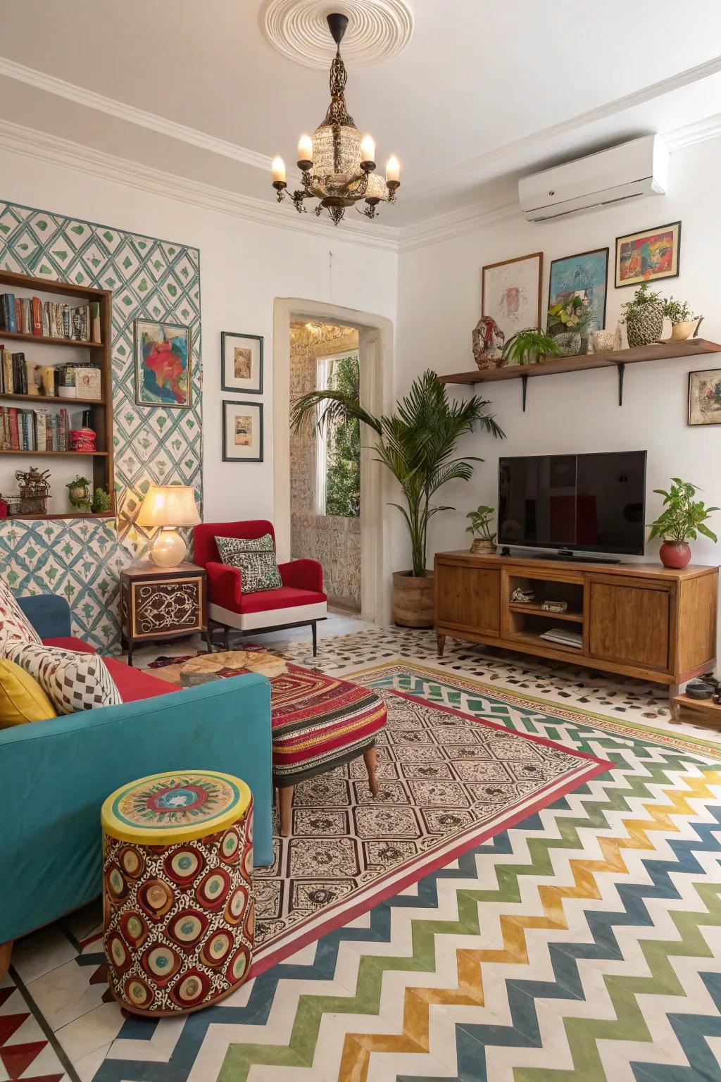 This lively living room has a vibrant and eclectic atmosphere because zigzag layout is mixed with other patterns.