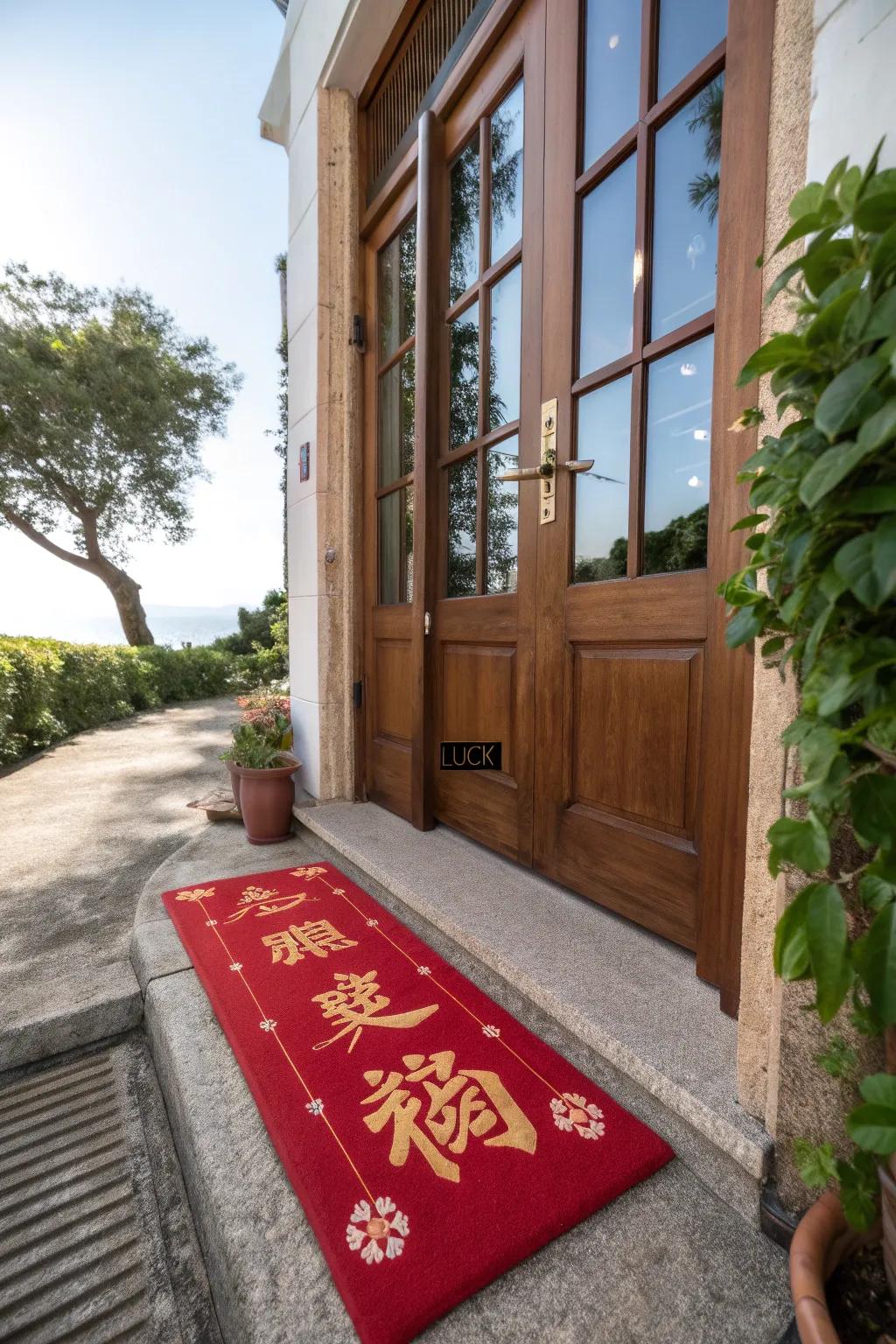 A scarlet mat with auspicious symbols is a welcoming touch.