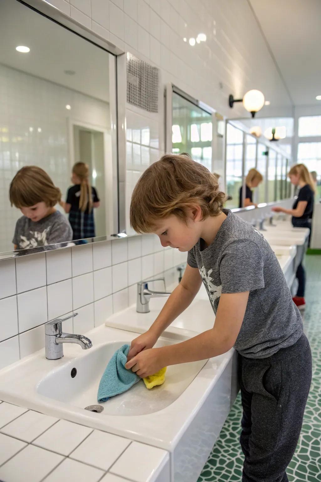 A child helping to maintain a clean bathing area.