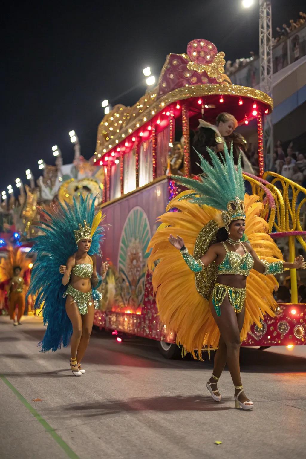 Brazilian Carnival Parade float featuring samba dancers and vibrant costumes.