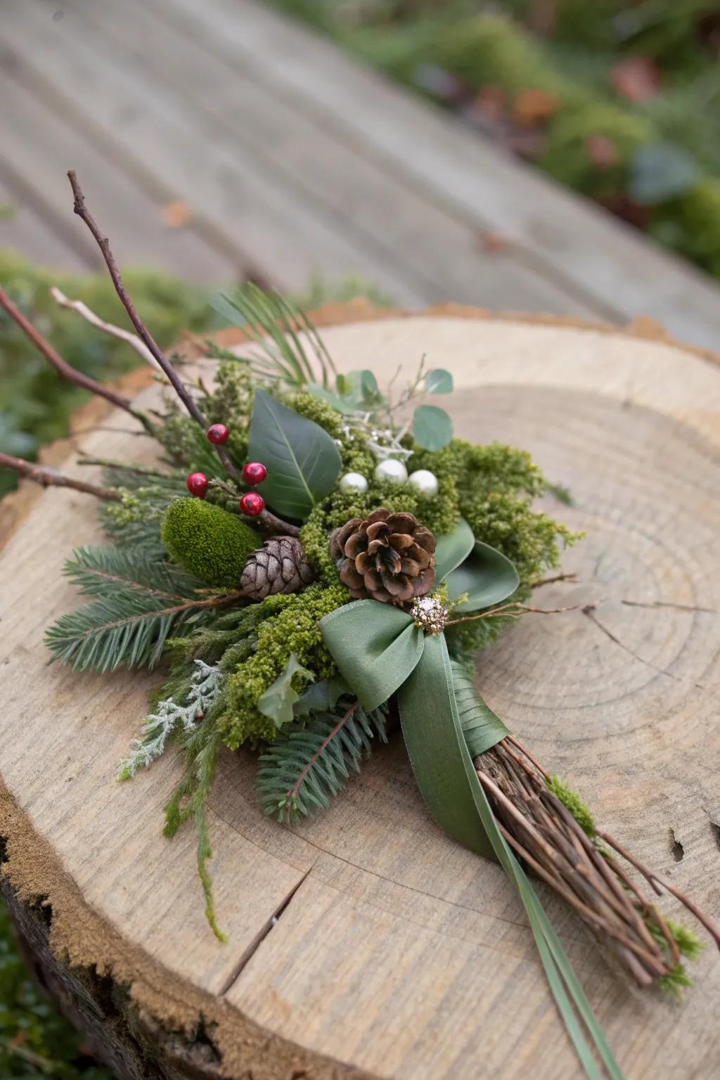 A sylvian-inspired Christmas posy crafted with moss and twigs.