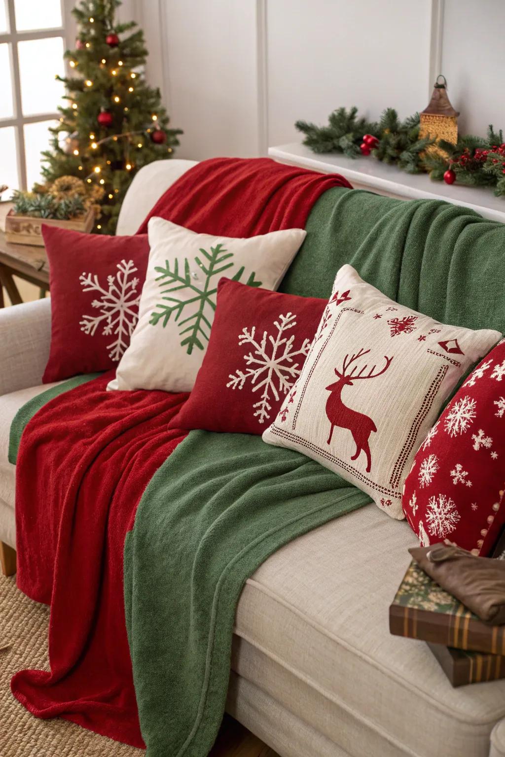 Snug wraps and cushions appending holiday warmth to dwelling spaces.
