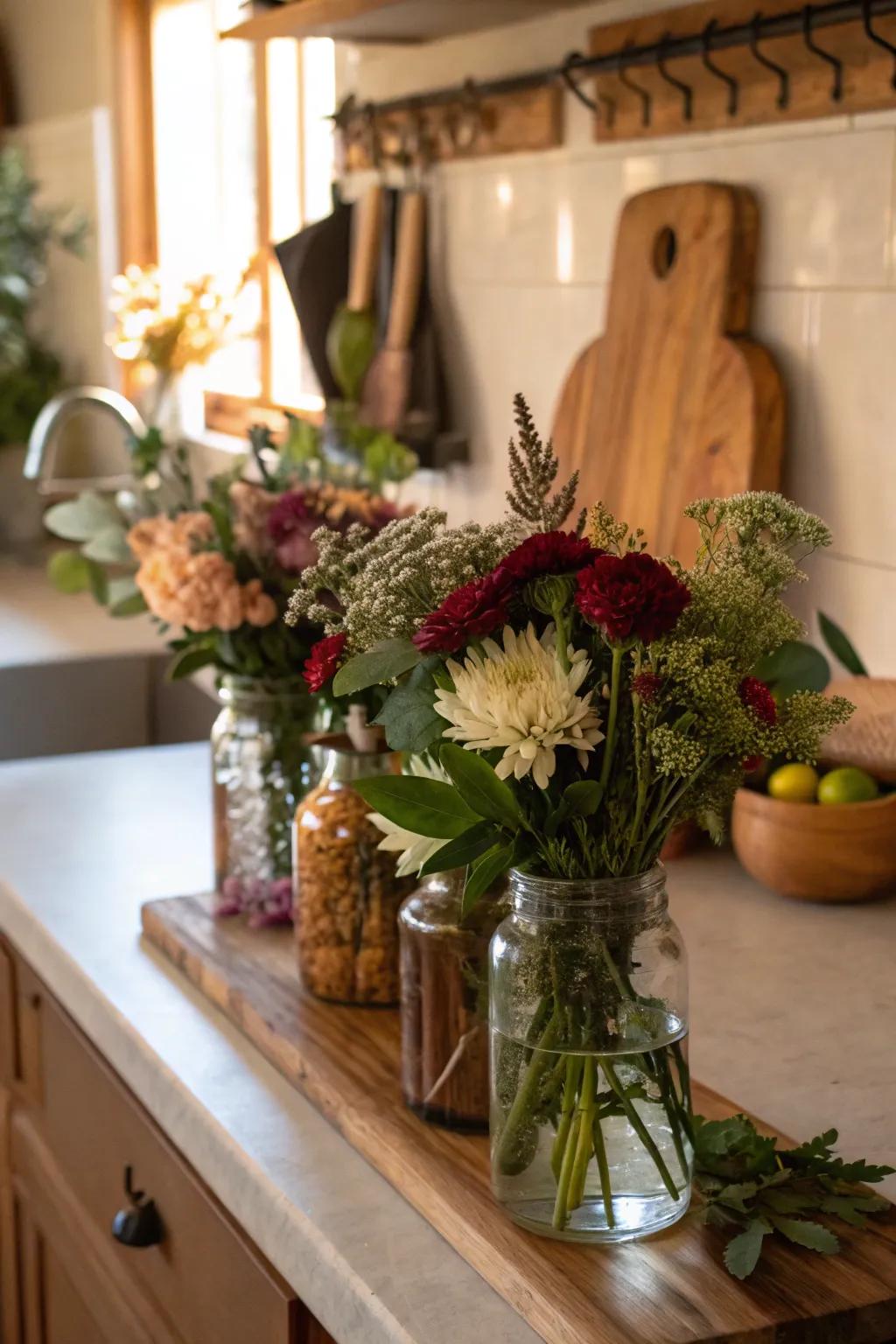 Potion containers saturated accompanied by blooms append countryside allure across any chamber.