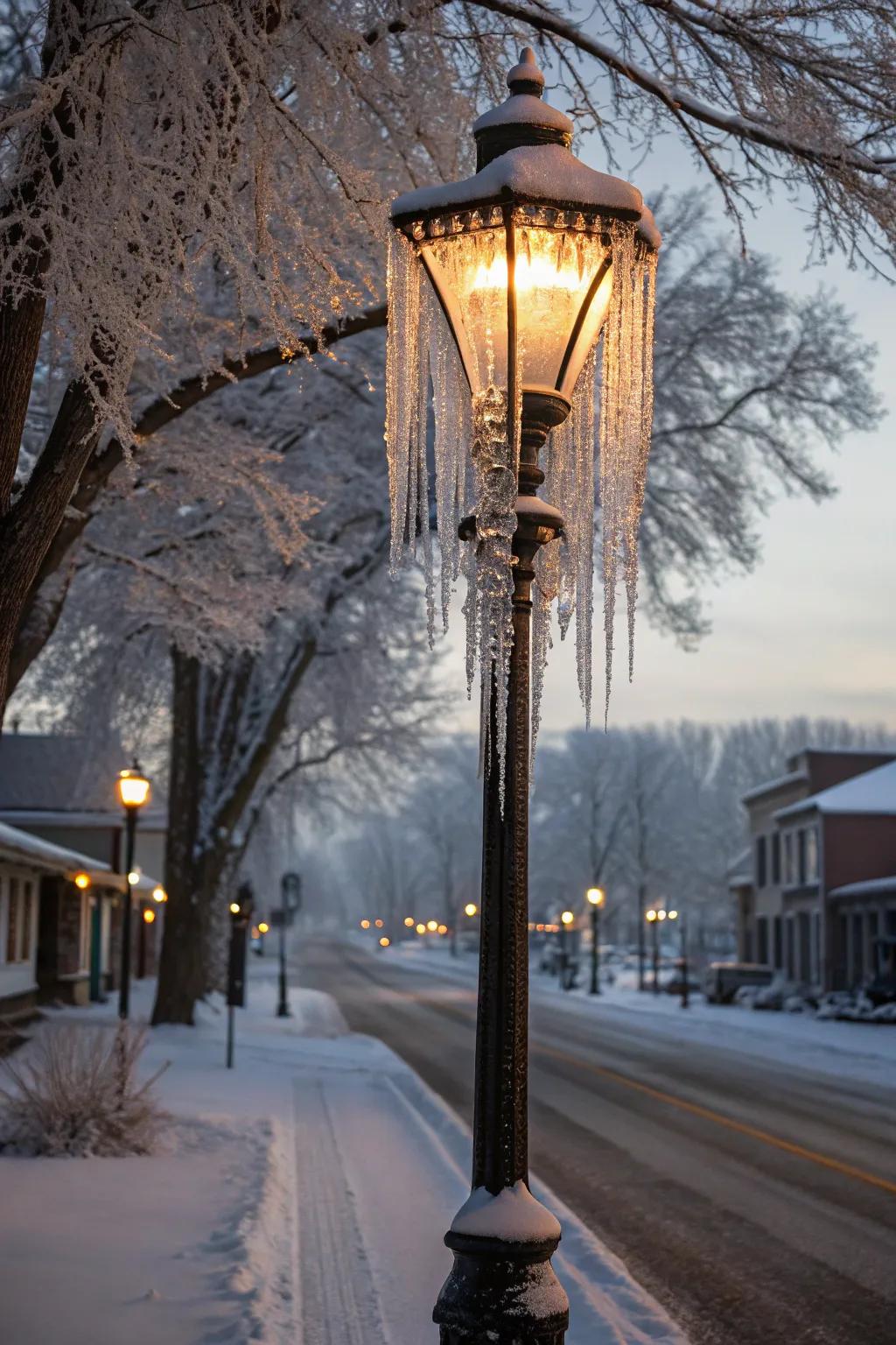 Glimmering icicles contribute a magical aspect to a lamp post.
