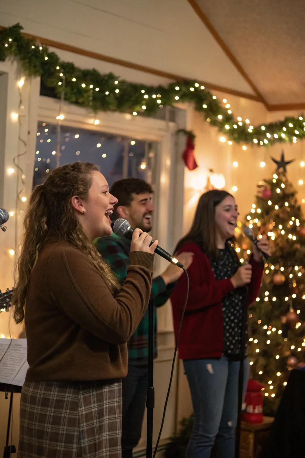 Celebratory karaoke twilight, replete with melody and seasonal exuberance.