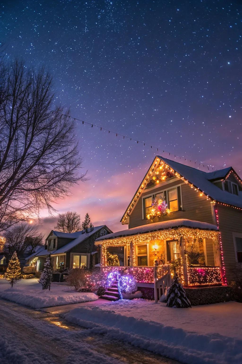 A home wonderfully decorated with a spectacular display of Christmas lights, creating a festive ambiance.