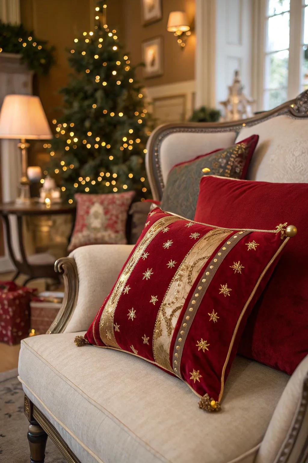 Velvet pillows infusing a luxurious embellishment into holiday decorations.