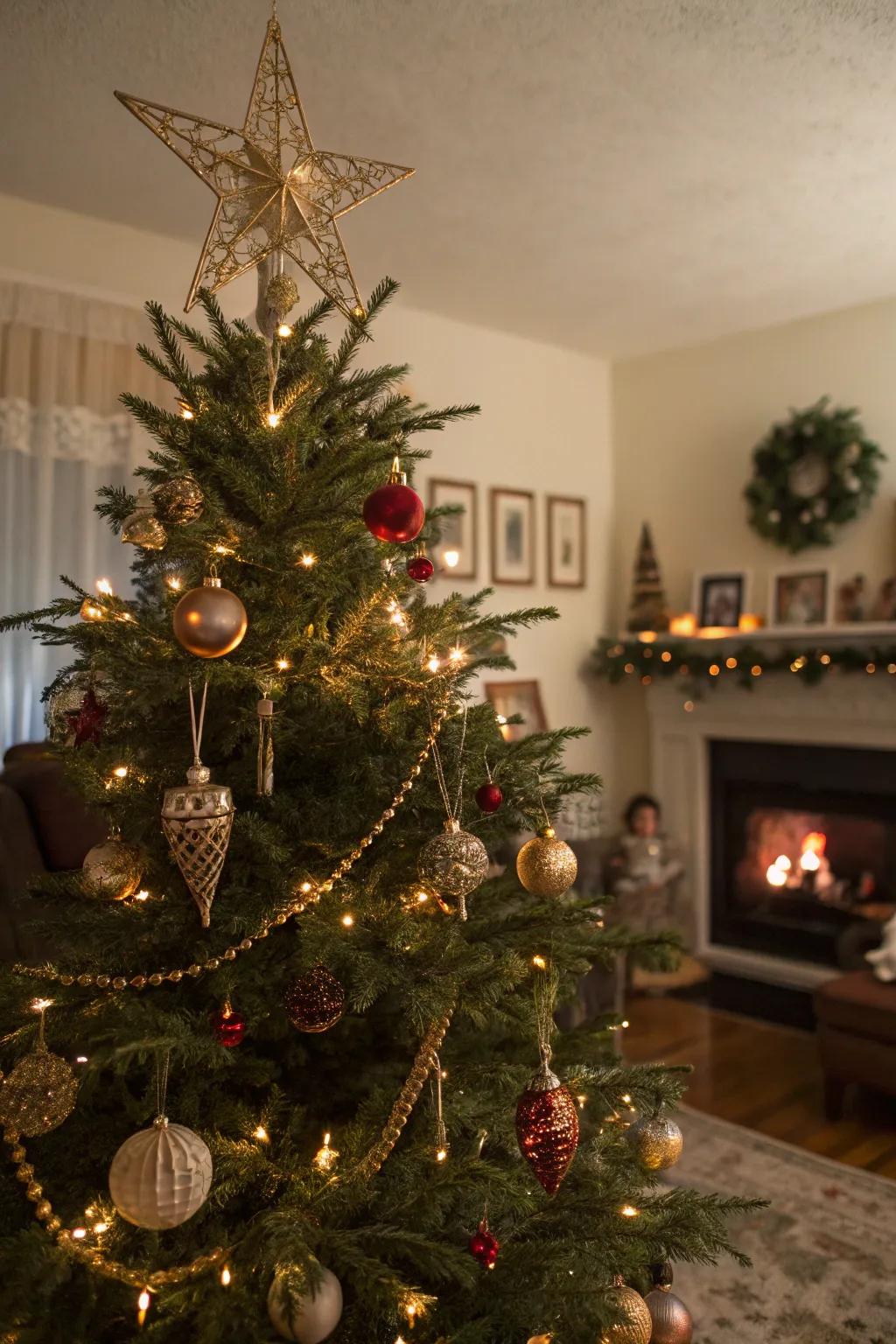 A nostalgic Christmas tree embellished with vintage ambiance.