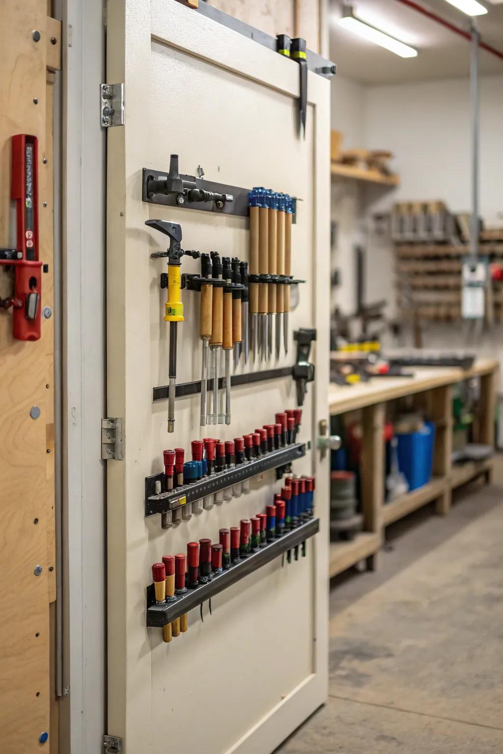 Door-mounted arrangement utilizes often-overlooked room efficiently.