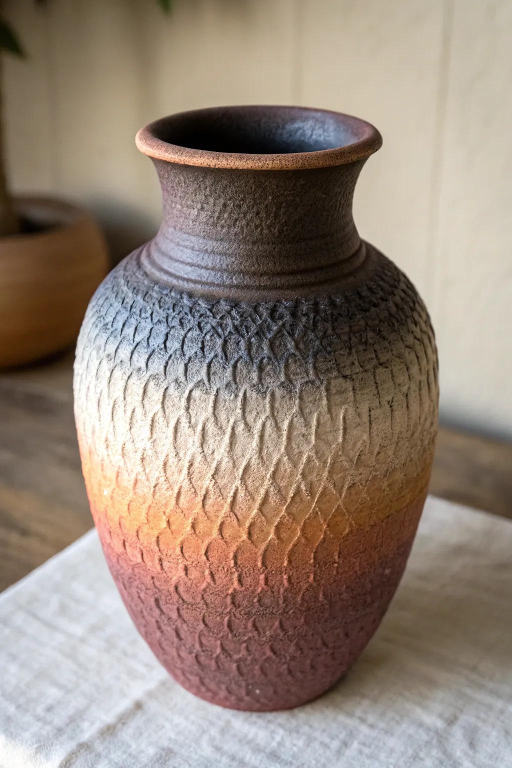A sculpted ombre earthenware vase incorporating dimension and artistry.