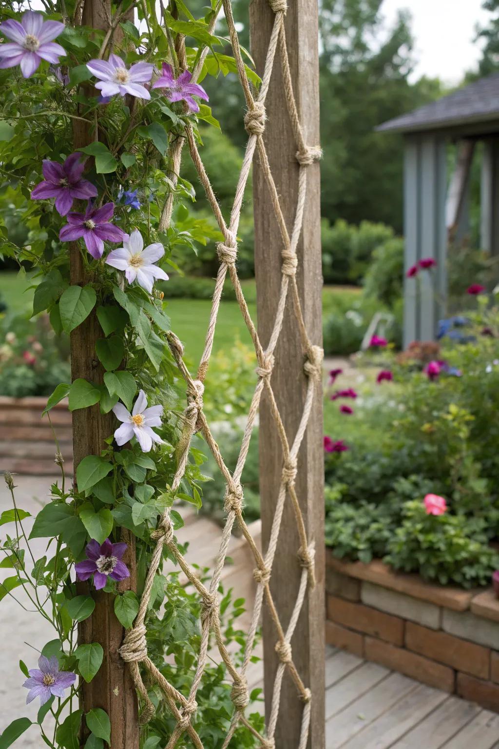 A DIY string climbing support lets you make creative clematis growth patterns.