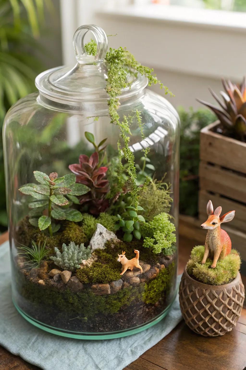 A terrarium with a novel touch, spotlighting playful miniature forms.