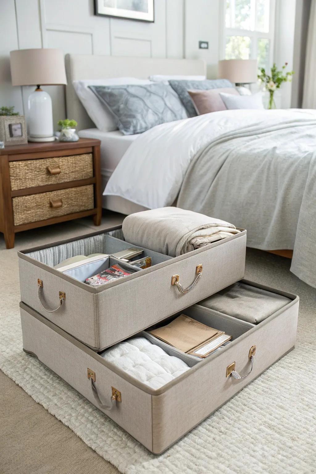 Under-bed storage boxes offer a hidden solution.