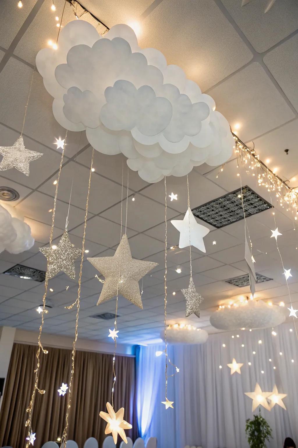 A celestial ceiling display featuring skies and stars adds an enchanting element to the venue.