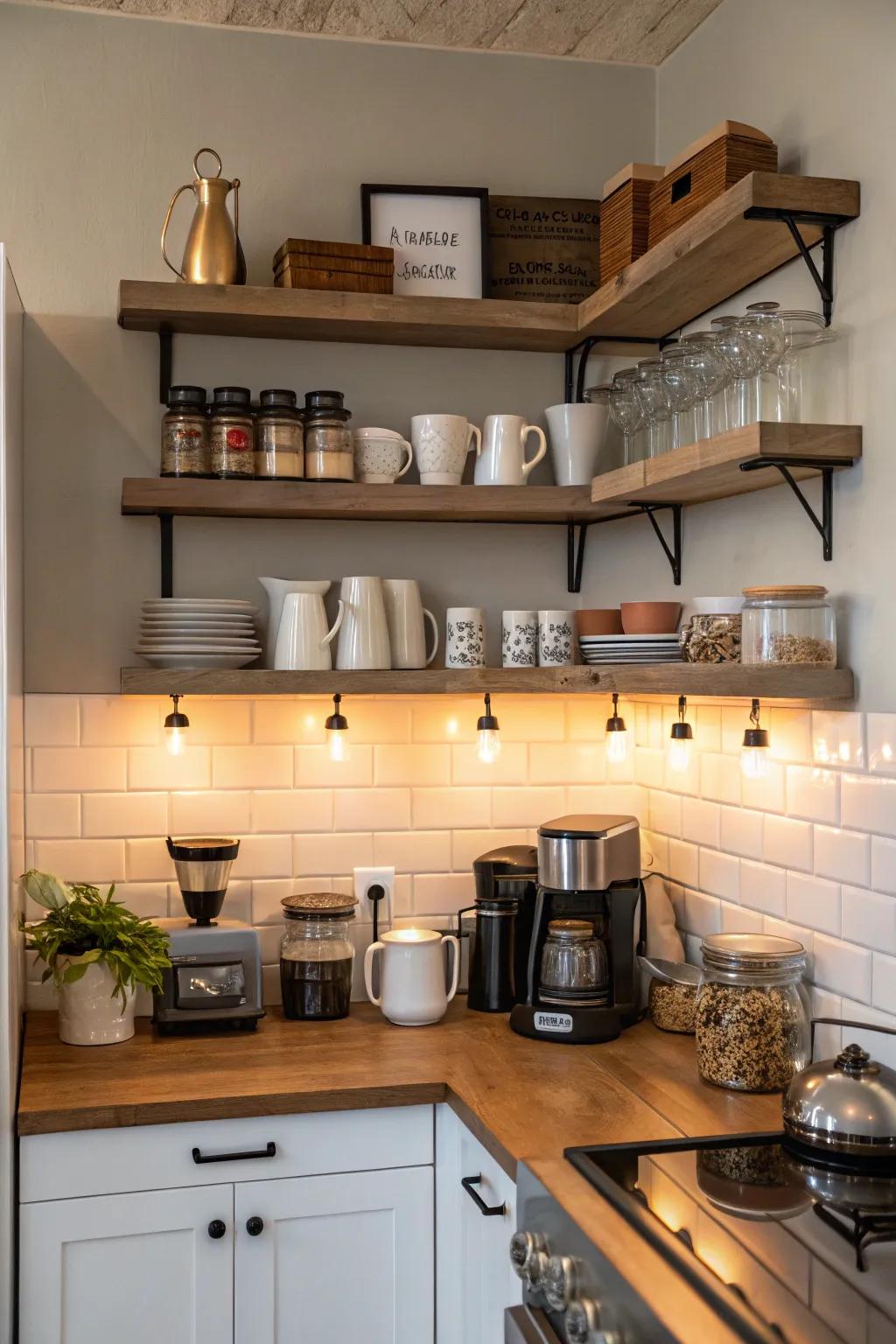Drifting shelves provide a modern and airy feel to your coffee and tea station.