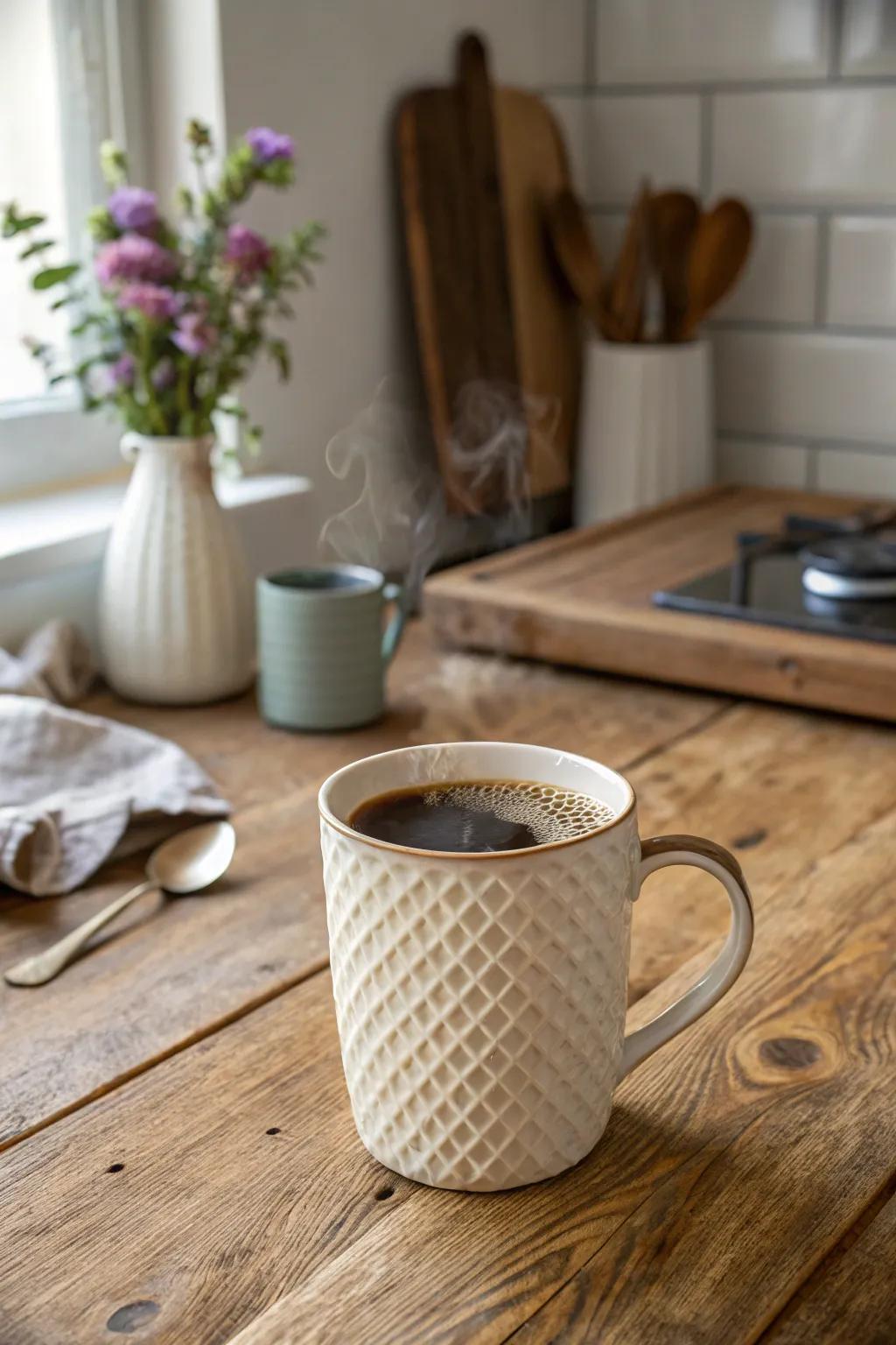 Textured mugs add a tactile element to your collection.