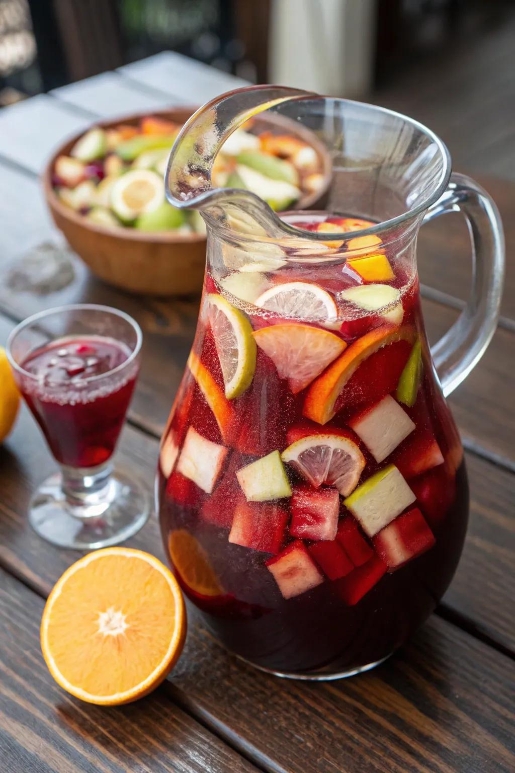 A vibrant pitcher of crimson wine punch ready to be enjoyed.