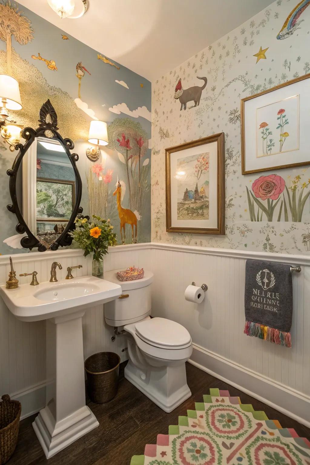 Unconventional art pieces bring whimsy to this colorful guest bathroom.