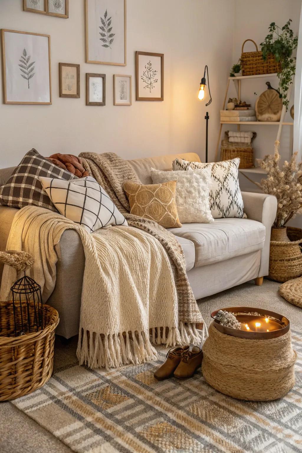 Varied textures that establish a cozy and inviting small living room.