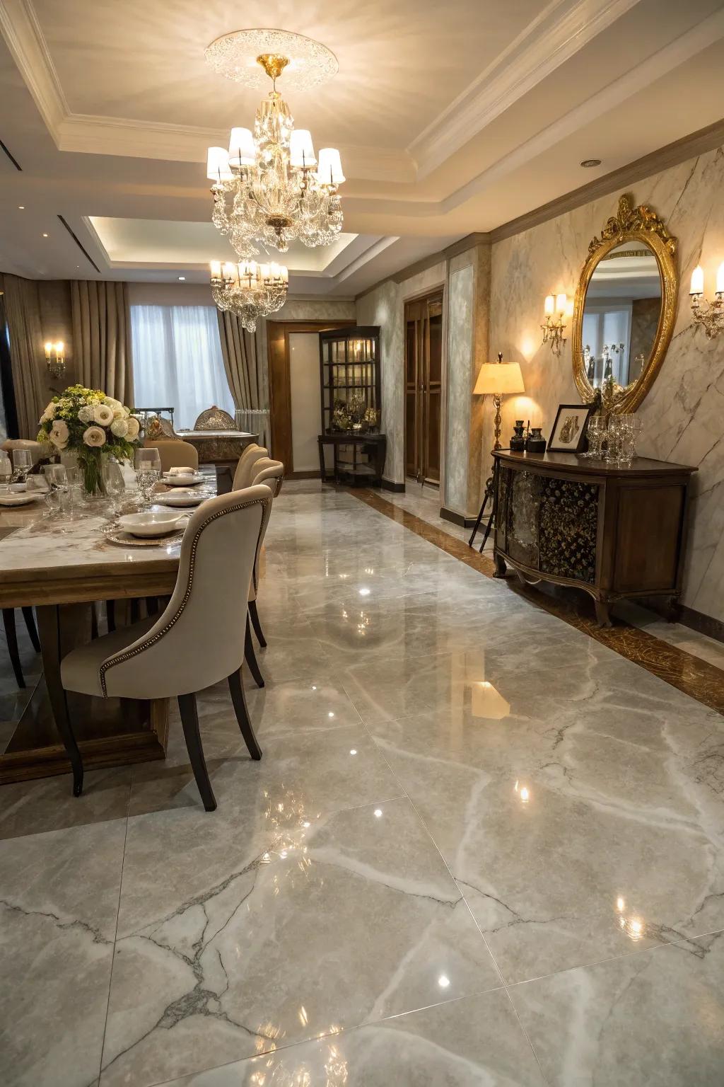 Simulated marble finish on concrete flooring in an elegant dining room.