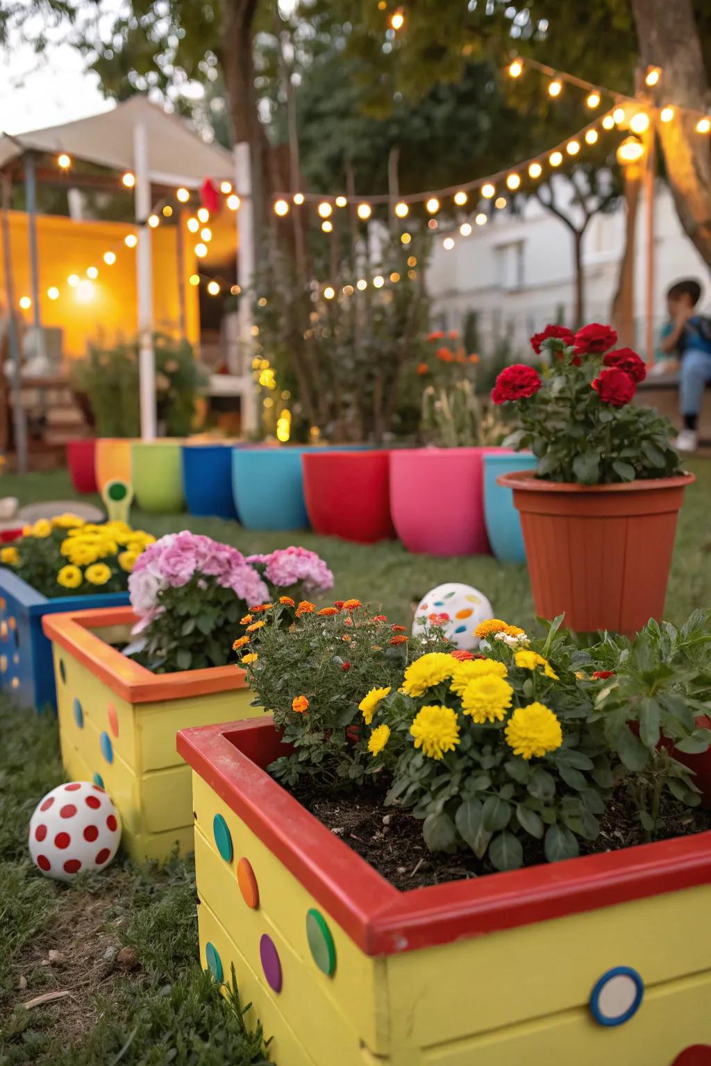 A whimsical children's garden with containers.