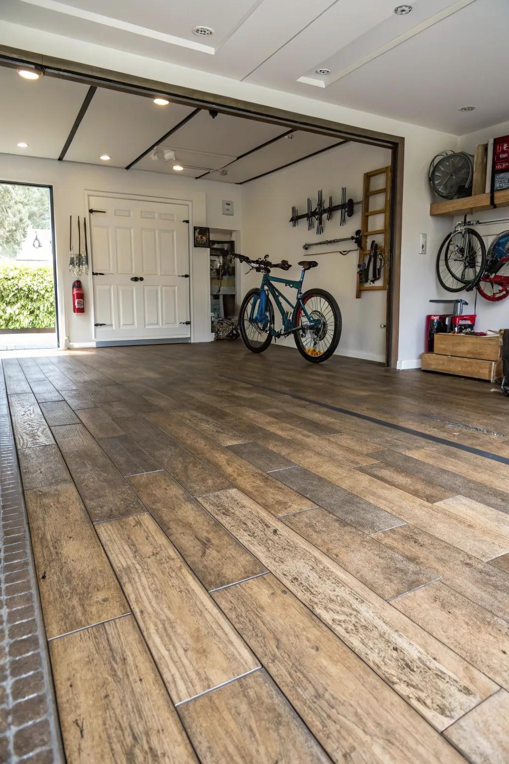 Wood grain tiles combine rustic charm with durability.