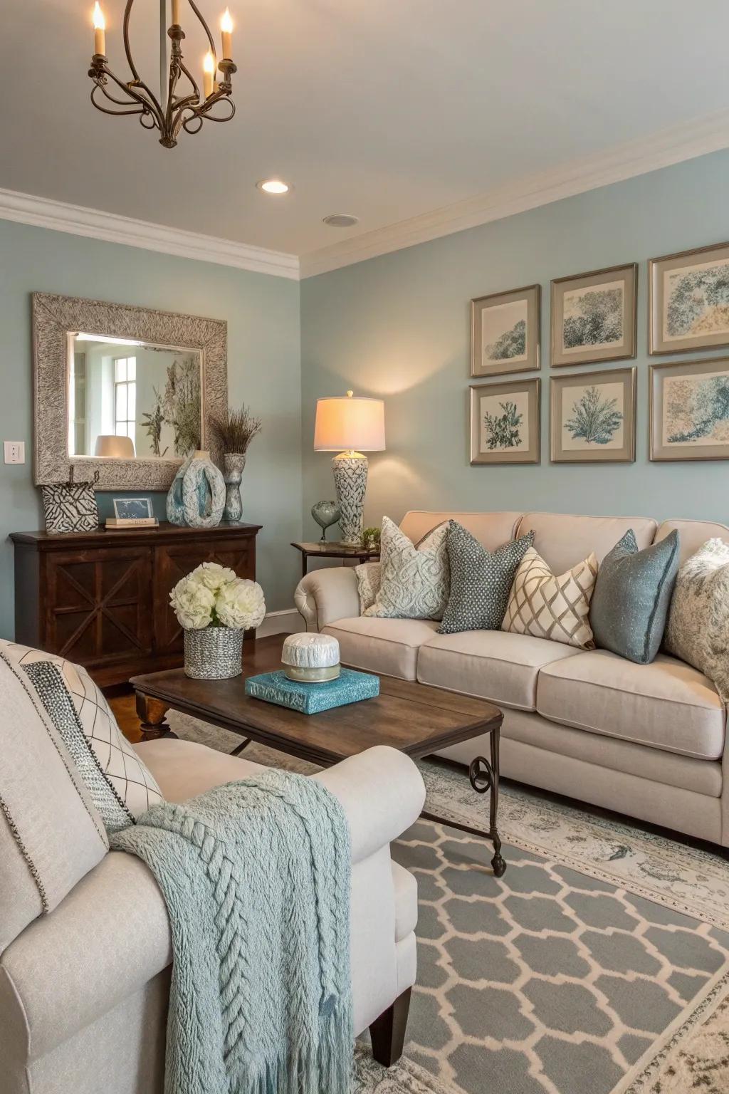 A unified color palette ushers in concord and cohesion to this living room.