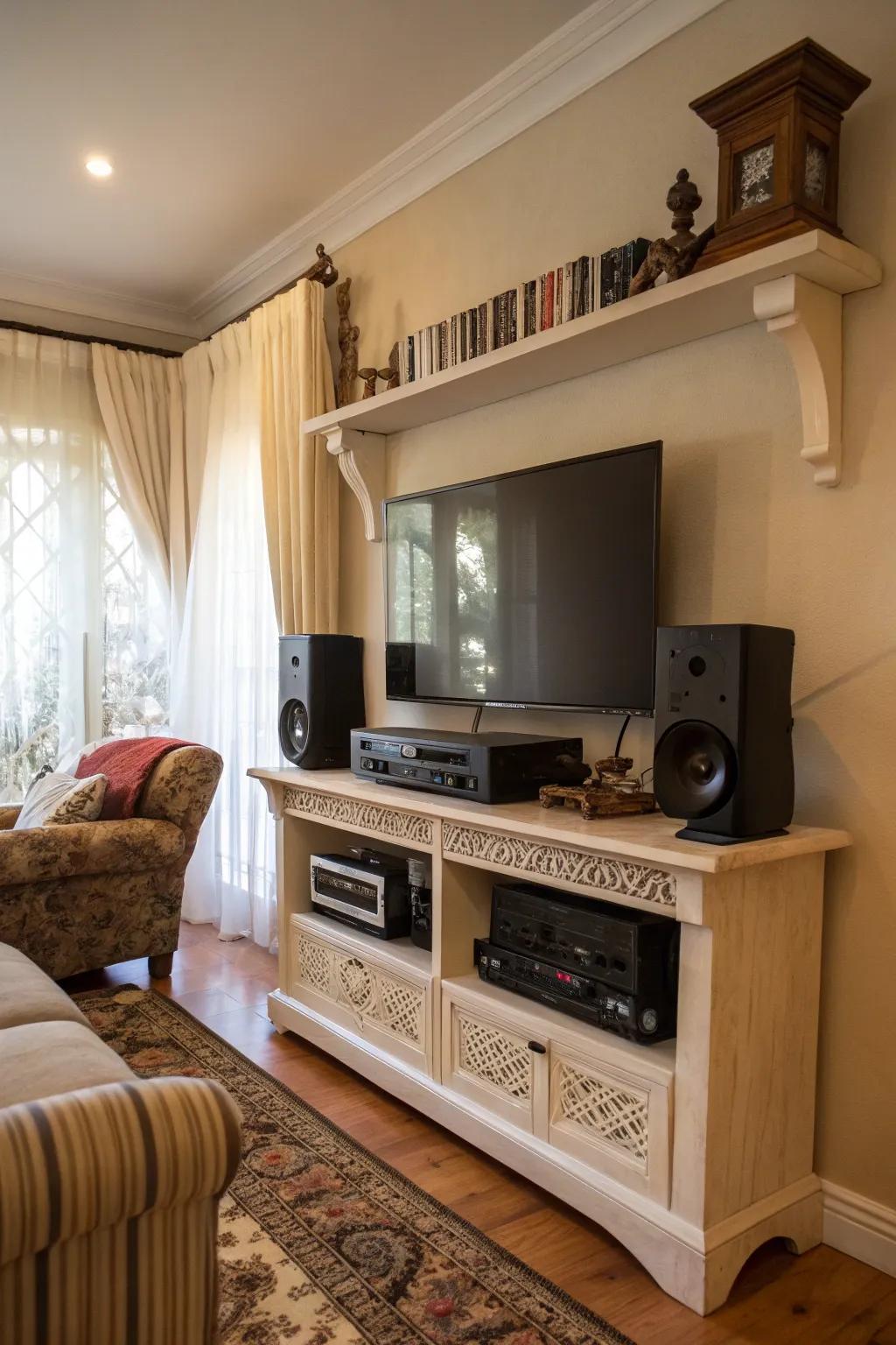 Ornamental shelf brackets fashion functional media centers.