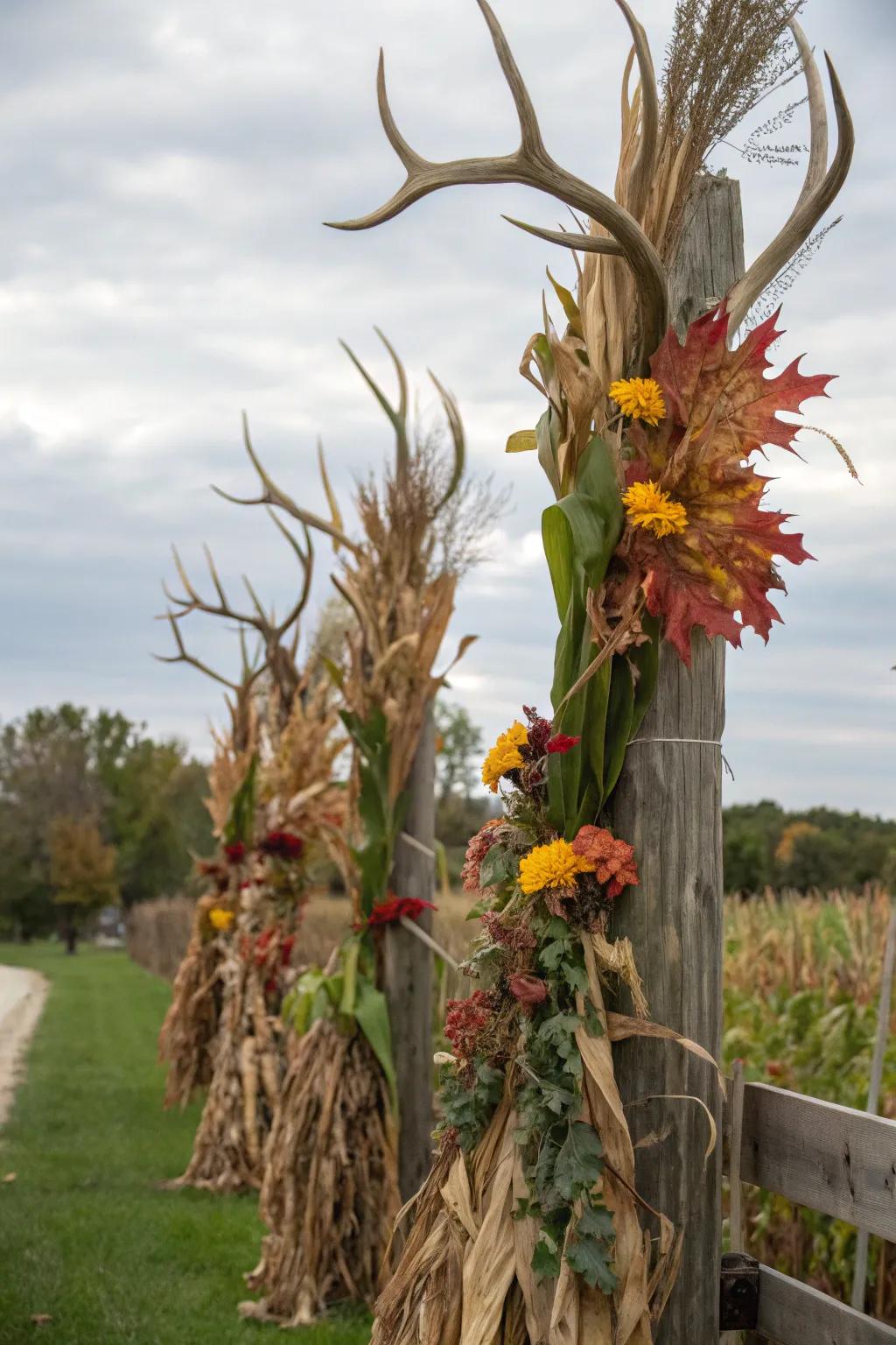 Introduce a country, wild touch with corn stalks and animal horns.
