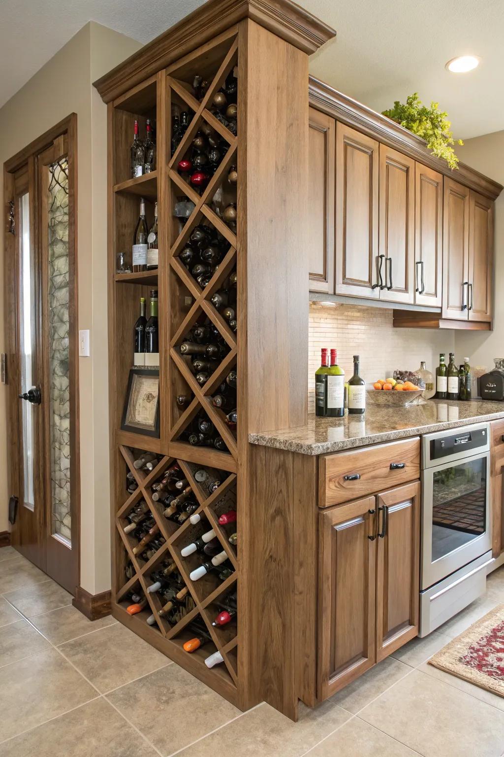 A stylish wine display contributes sophistication to kitchen corners.