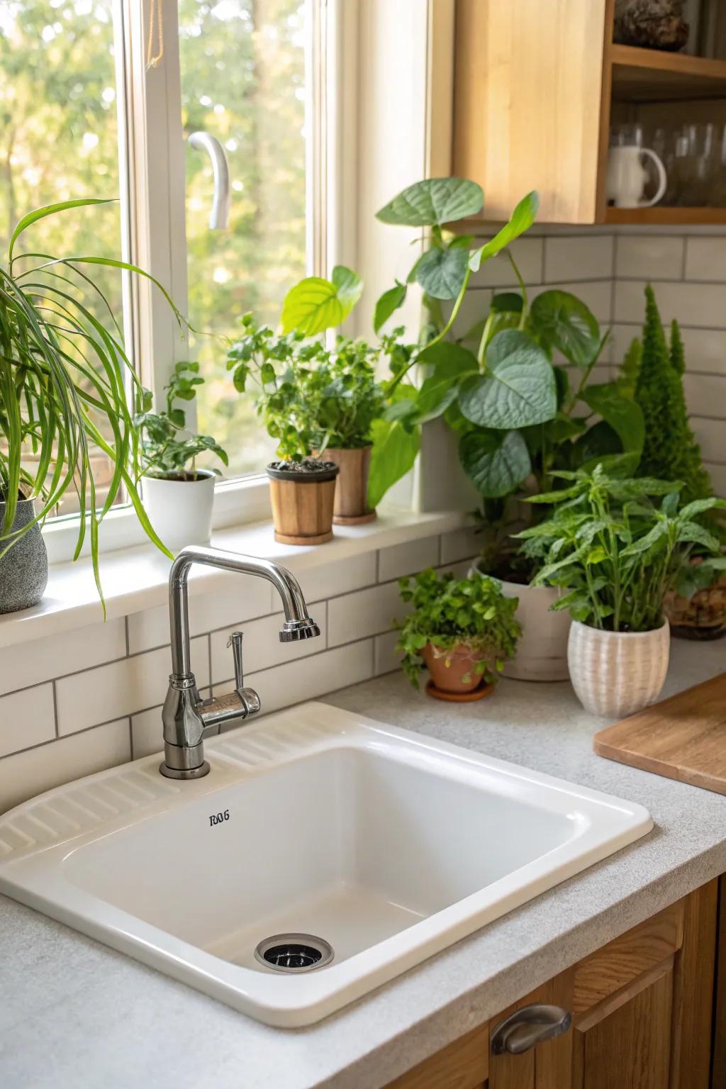 Plants placed behind a sink, creating a refreshing and natural kitchen feel.