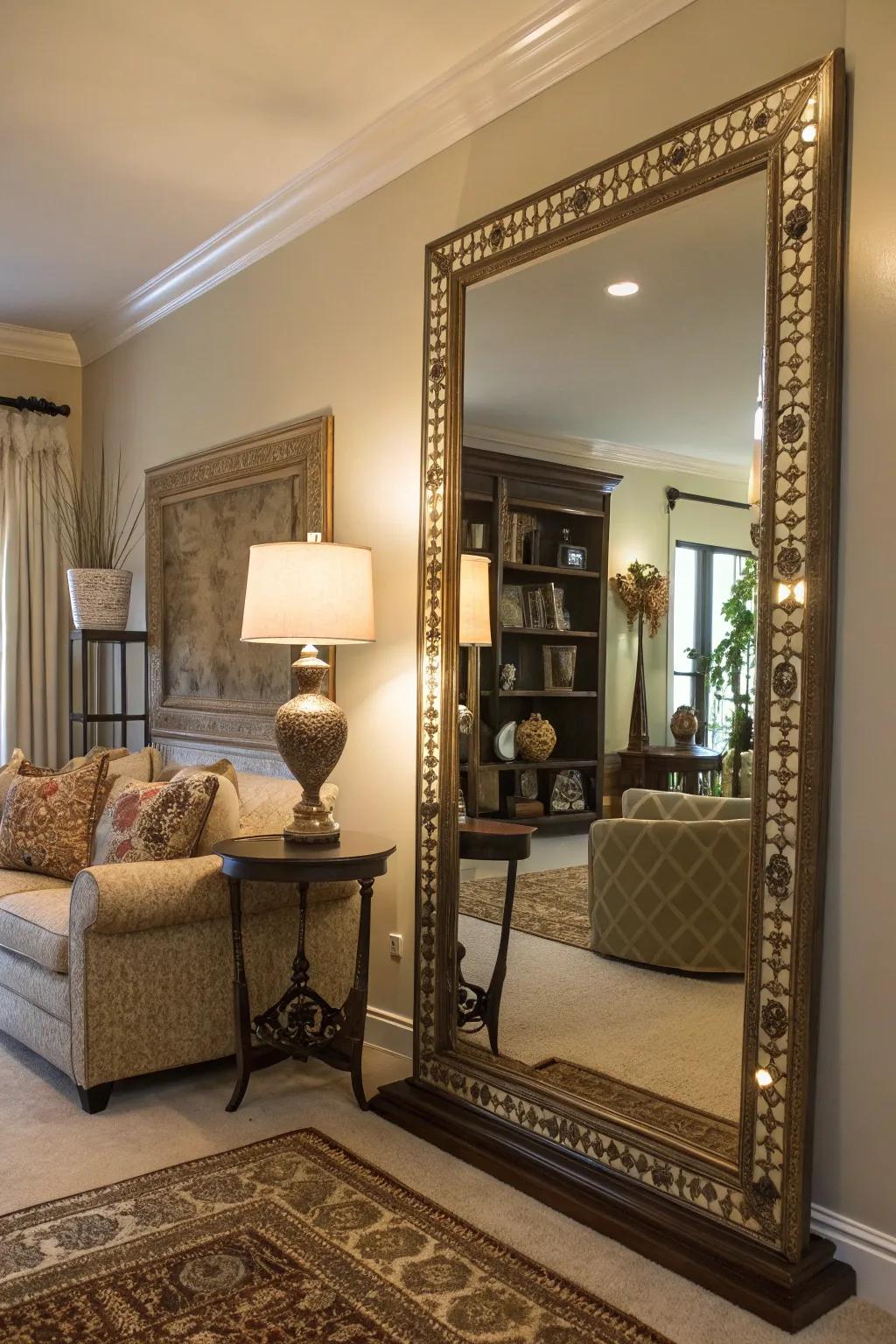 A decorative mirror enhances light and space, making the corner feel larger and more inviting.